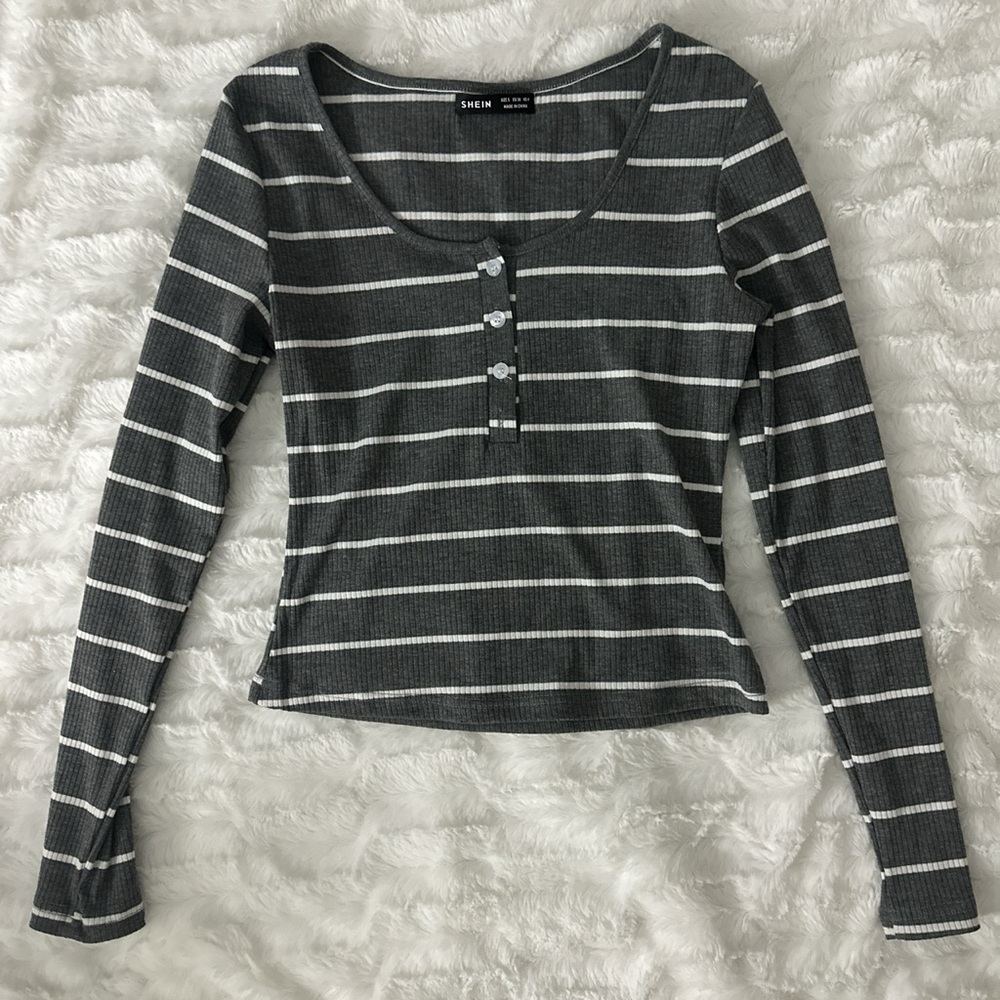 Grey and White Striped Fitted Crop Long Sleeve